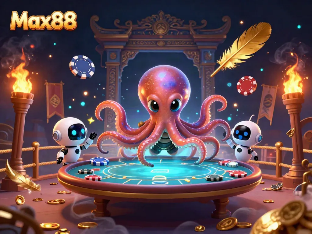 Experience Max88's thrilling holographic poker atmosphere with an alien octopus and robot companion.