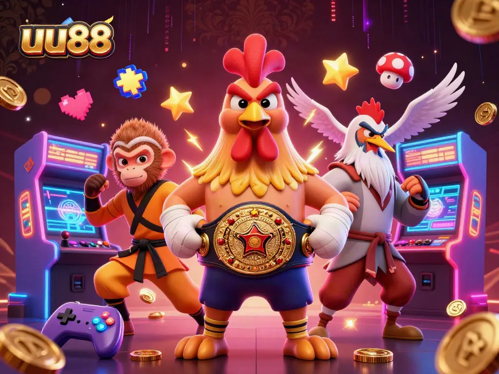 Engage in thrilling gameplay with uu88 at a lively casino featuring 3D cartoon characters amidst vibrant gaming elements.