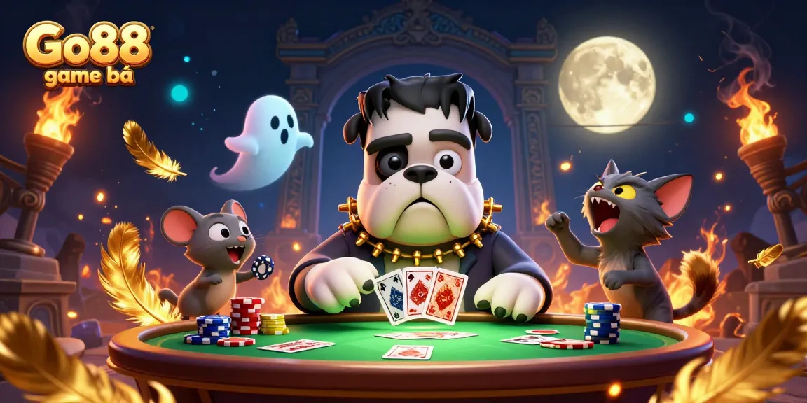 Engage with Go88 game bài as a Frankenstein bulldog deals cards amidst festive casino elements.