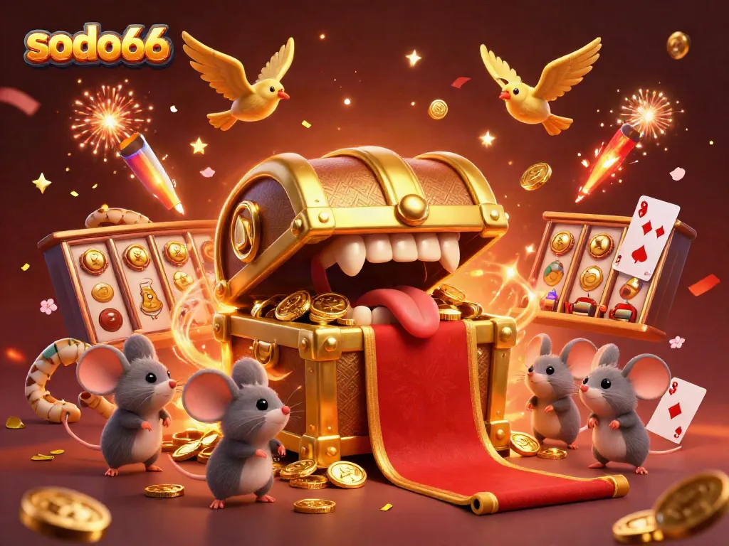 Experience the excitement of sodo66 with a vibrant 3D treasure chest and casino elements in a dynamic scene.