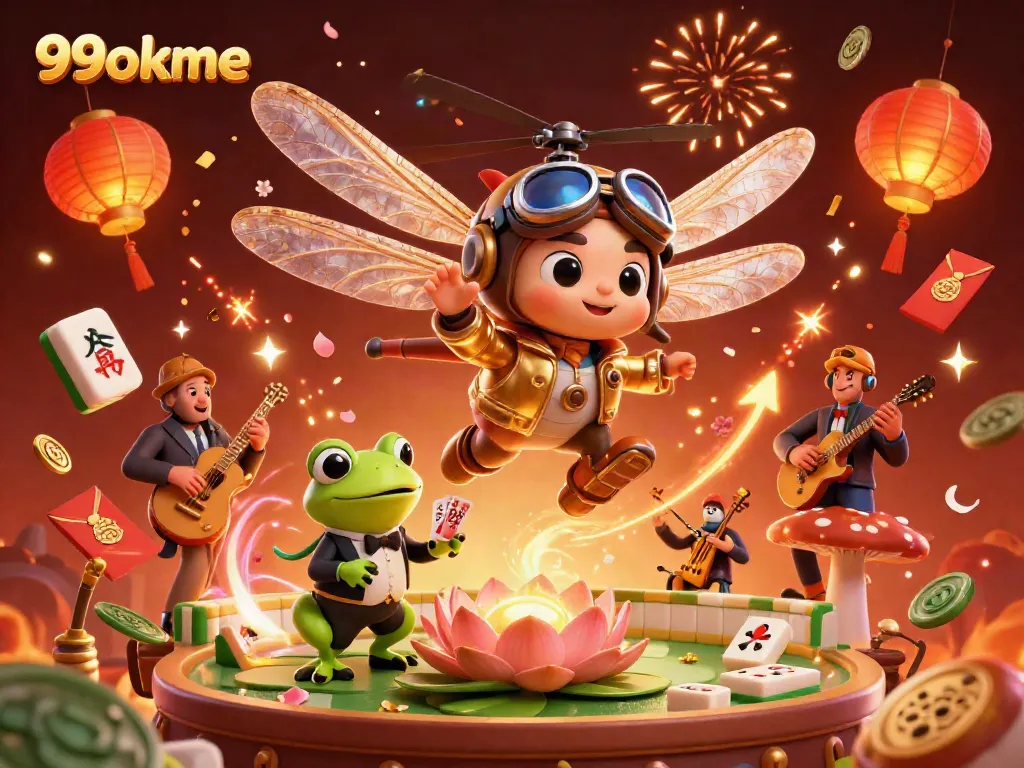 Engage in the thrilling action of 99okme at a vibrant lily pad casino with dazzling characters and festive elements.