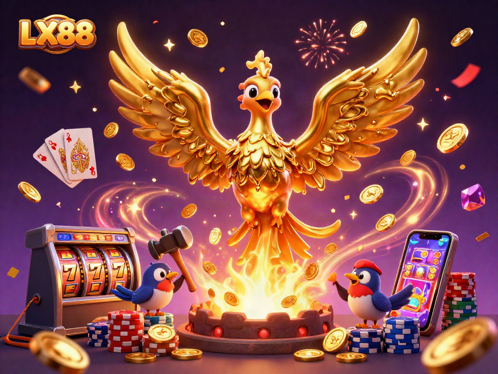 Experience spectacular wins with LX88's captivating casino illustration featuring a golden phoenix amidst slot machines.