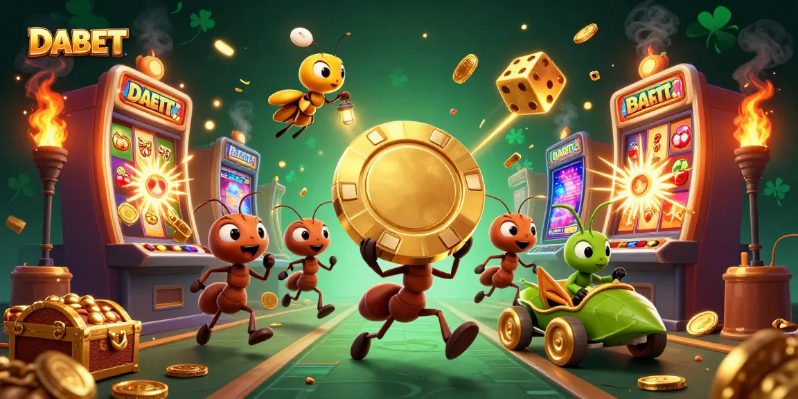 DABET's exciting visual featuring cartoon ants on a casino heist, showcasing the thrill of online gambling.