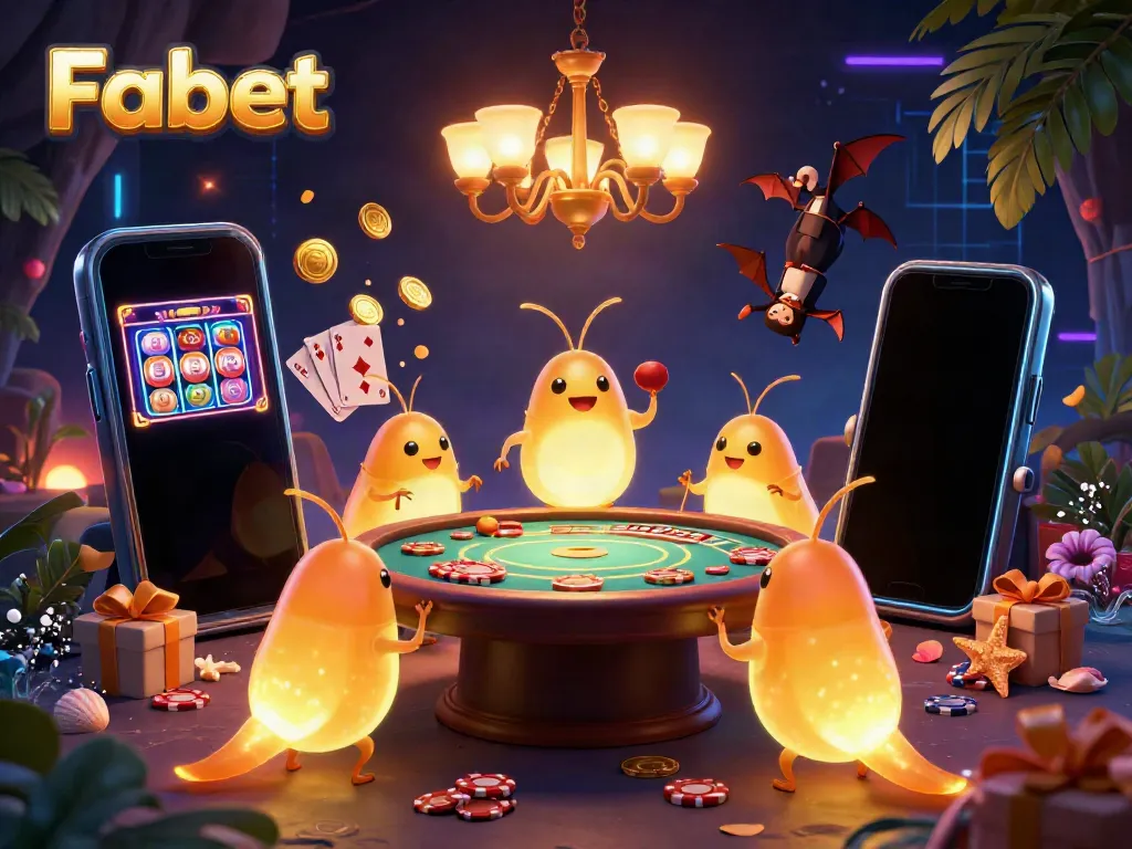 Experience Fabet's lively cave casino with glowworms and a bat dealer amid vibrant slot game elements.