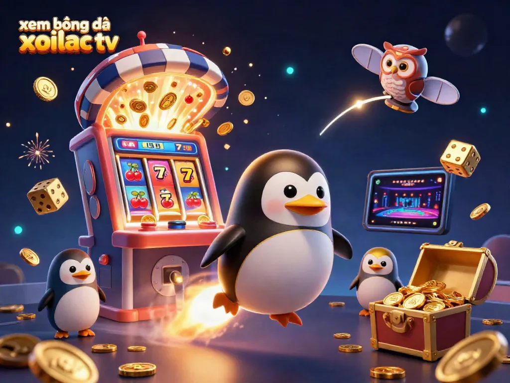 Xem bóng đá xoilac tv themed 3D cartoon illustration with a golden penguin and casino elements.