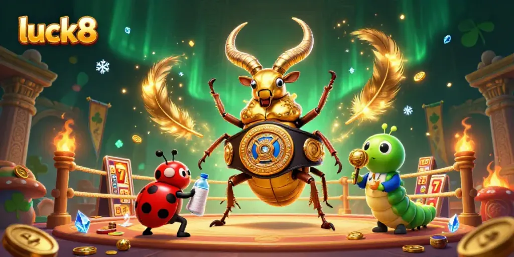 Experience the excitement of luck8 with a golden stag beetle champion in a vibrant casino atmosphere.