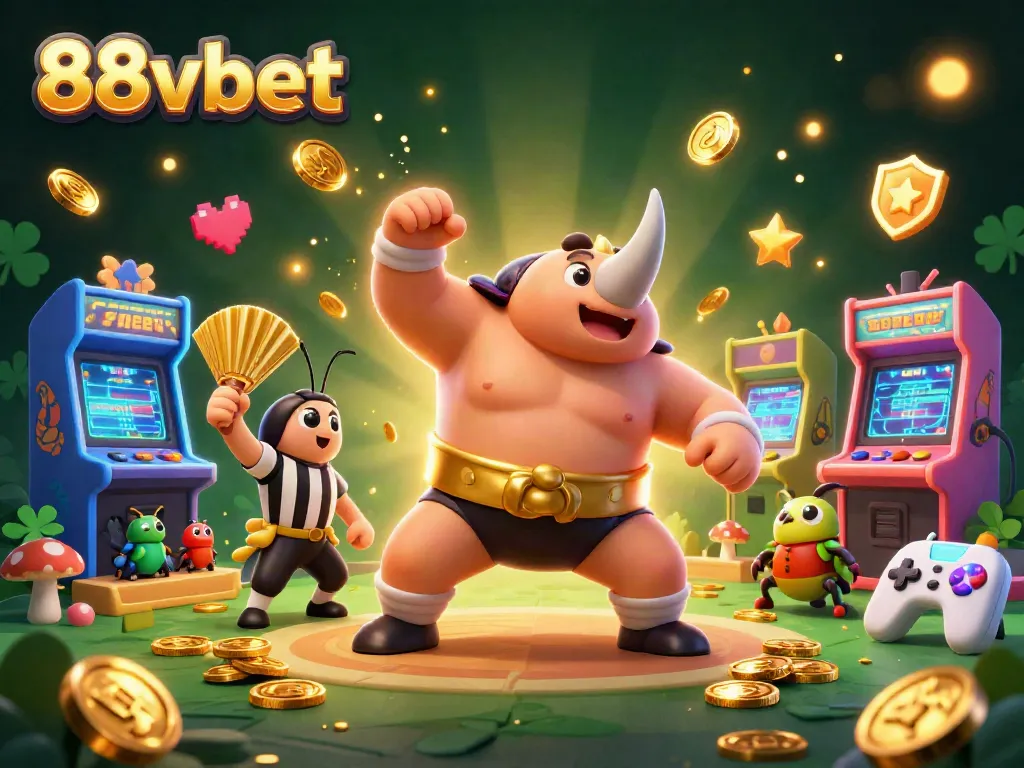 Experience the excitement of 88vbet with a vibrant scene featuring a sumo beetle champion surrounded by casino elements.