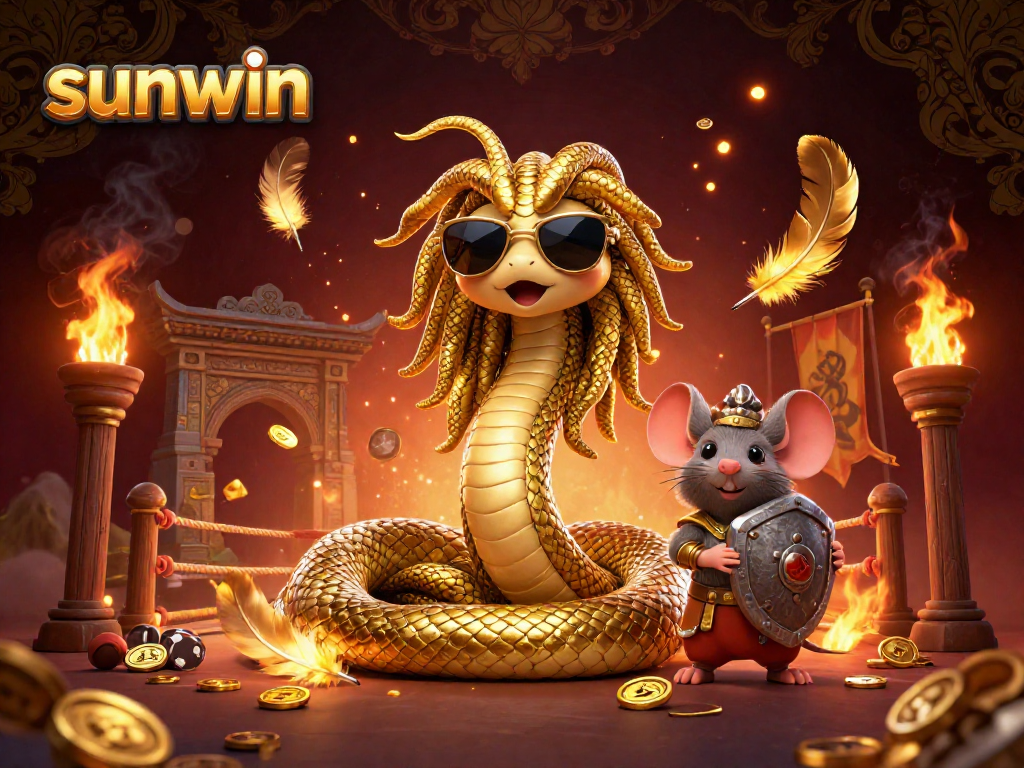 Engage with sunwin's vibrant scene featuring Medusa and a brave warrior mouse amidst gold coins and casino elements.