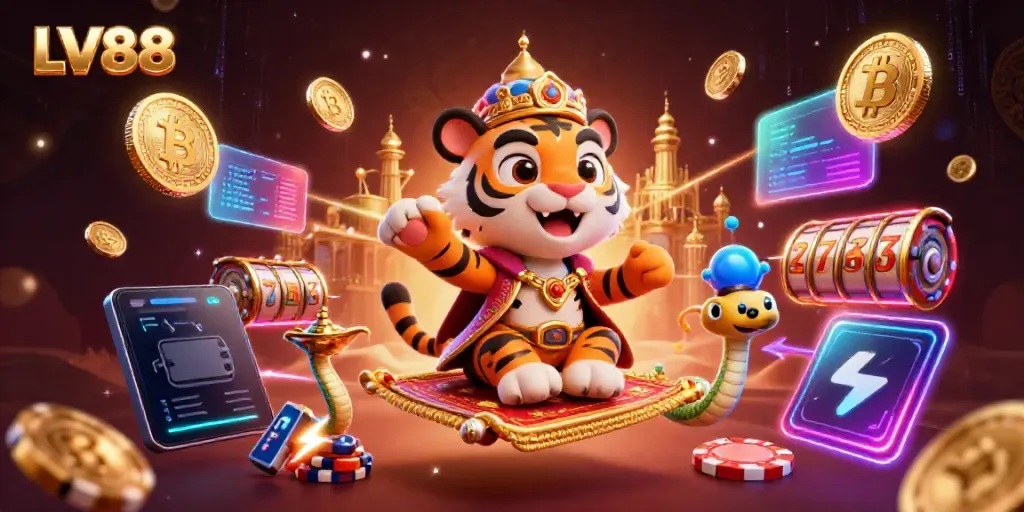 Experience the thrill of LV88 with a colorful, dynamic 3D casino illustration featuring a tiger sultan, crypto elements, and slot gaming.