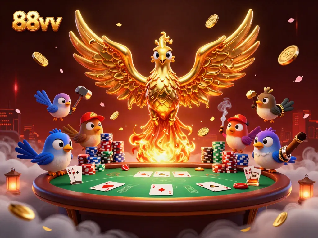 Experience thrilling gameplay with 88vv as molten gold coins flow from a golden phoenix in a vibrant casino scene.