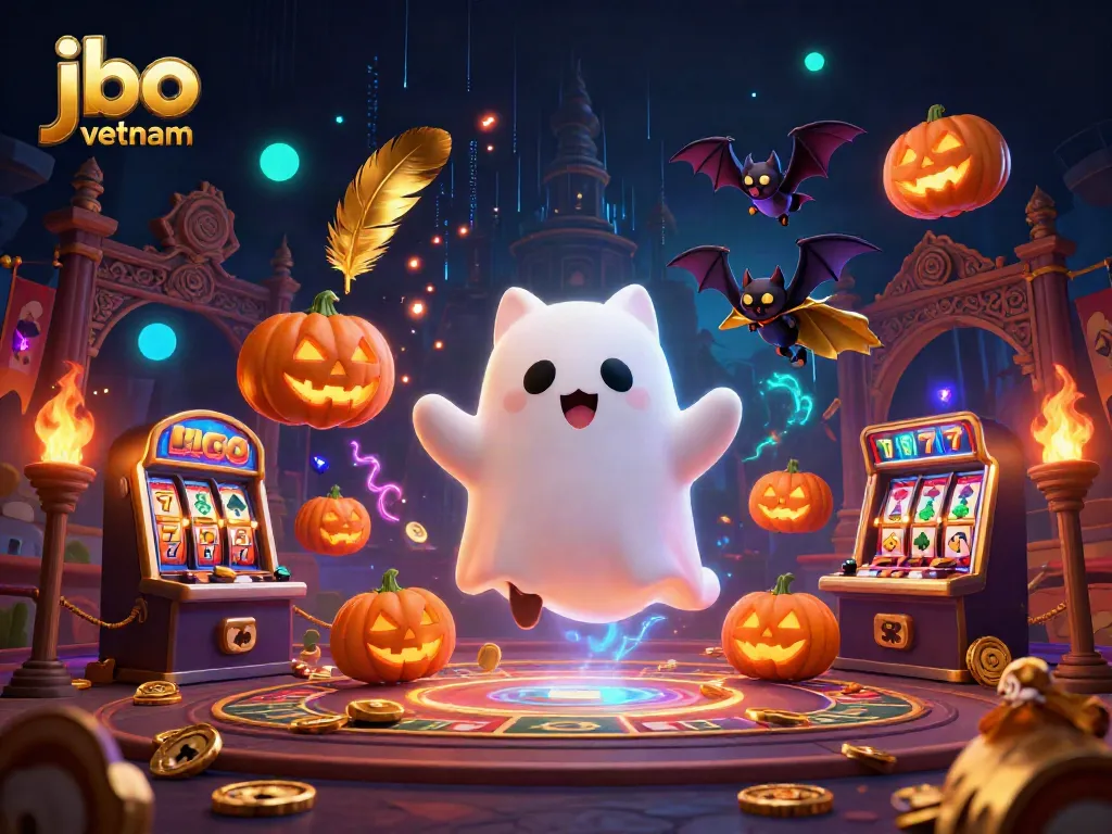 Engage in thrilling games at jbo vietnam with a ghost cat and bat companion in a vibrant casino.