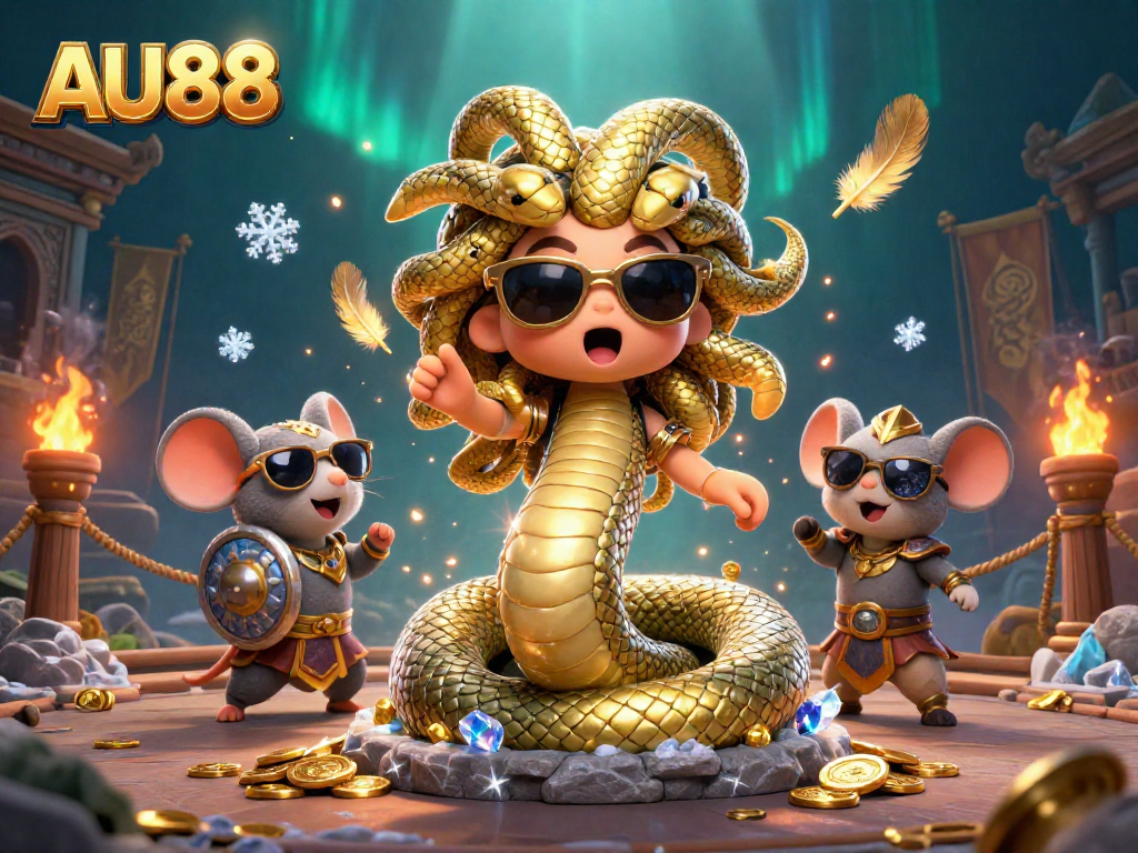 Experience the thrilling world of AU88 casino adventures with Medusa and a warrior mouse amidst swirling coins and game tokens.
