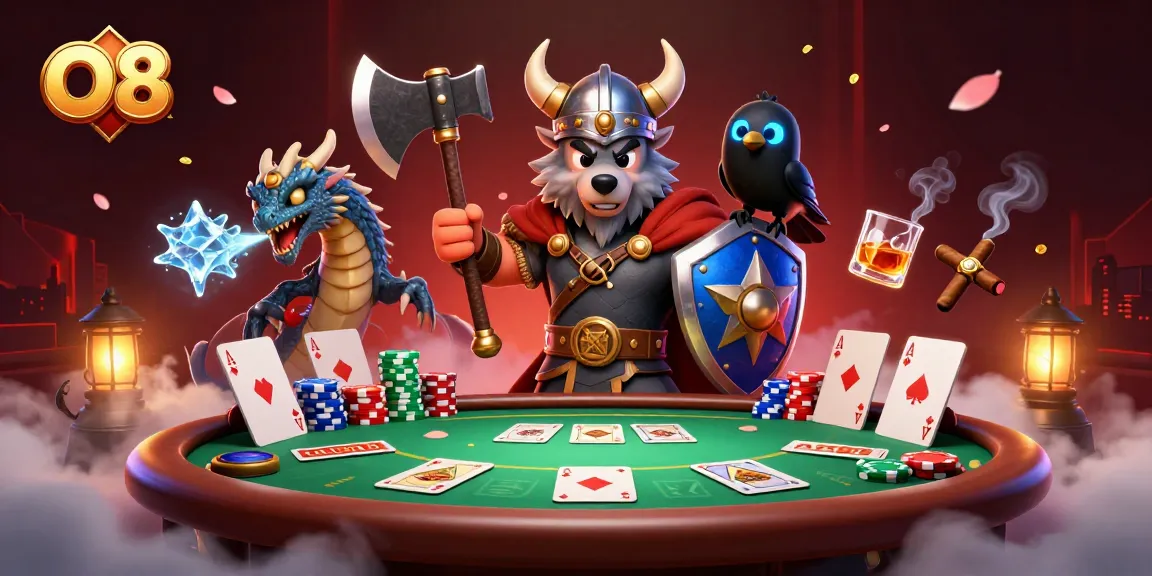 O8's Viking wolf and allies engage in thrilling poker showdown with vibrant casino details.