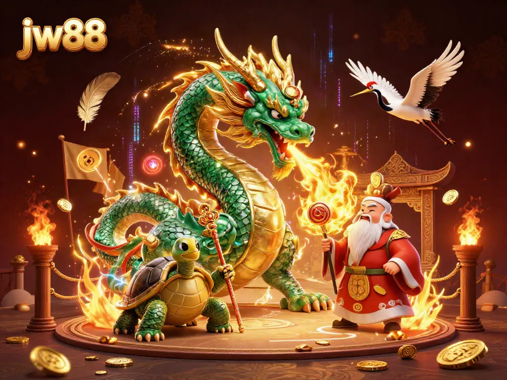 Engage with jw88's thrilling atmosphere filled with a jade dragon, flying cranes, and golden treasures.