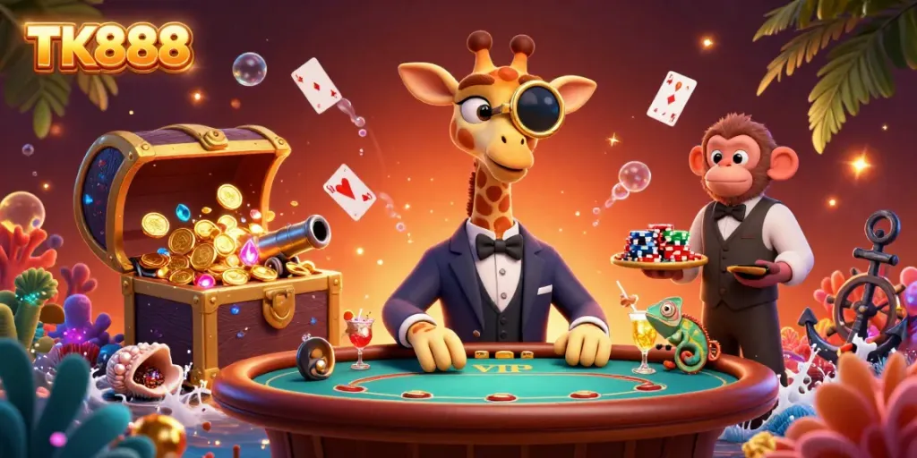 Experience the exciting world of TK888 with a high-roller giraffe, monkey valet, and chameleon bartender at a vibrant casino scene.