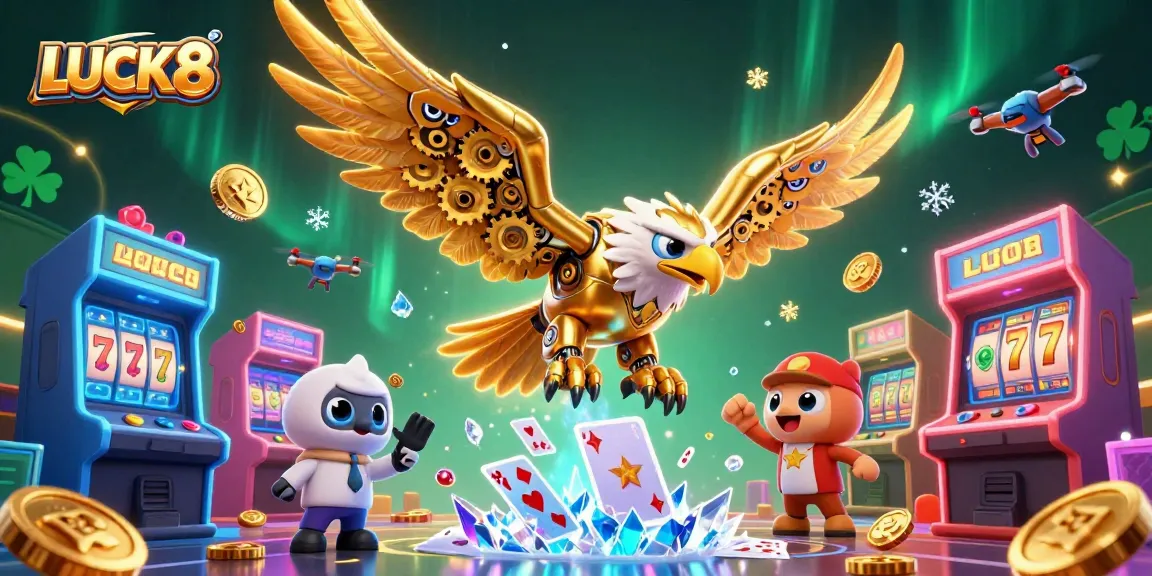 LUCK8's vibrant casino scene features a golden eagle among slot machines and dynamic game elements.