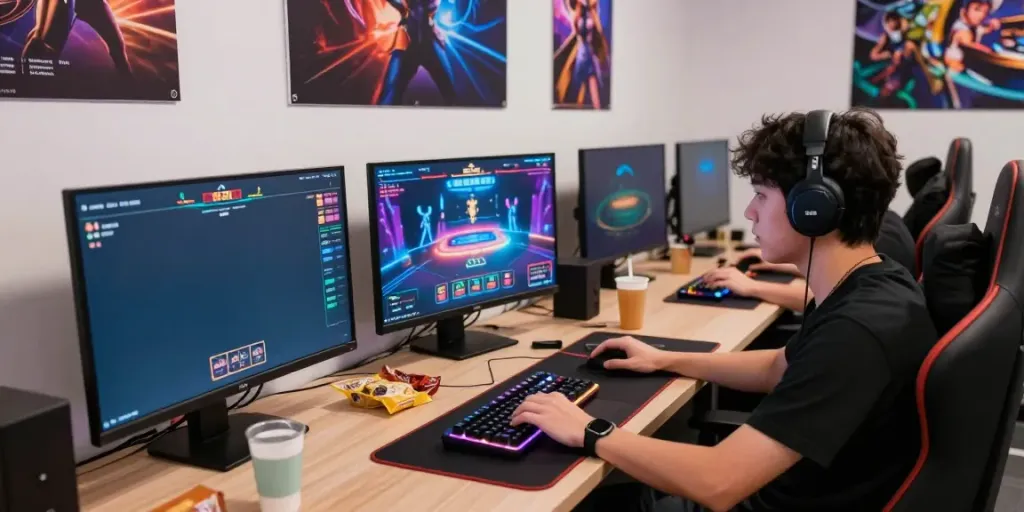 Engaged player at https://h19gene.com/ live casino game setup, vibrant gaming atmosphere with colorful graphics.