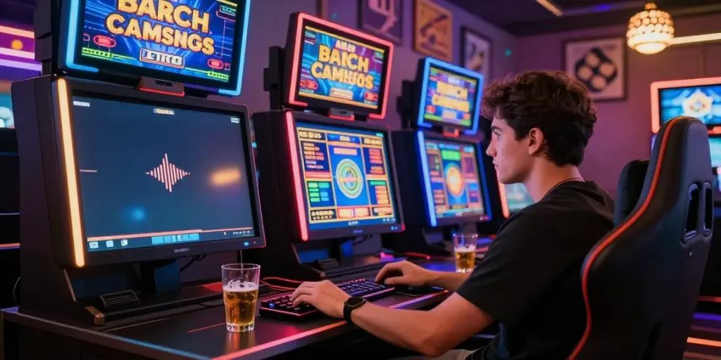 Player enjoying non gamstop slots in a vibrant gaming setup with bright neon lights.