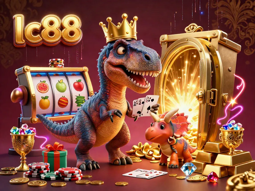 Watch as the lc88 T-Rex attempts to shuffle poker cards while surrounded by vibrant casino treasures.