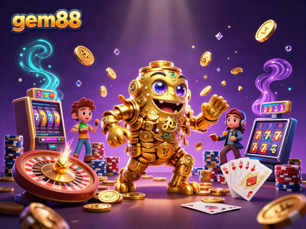 Engage with gem88's exciting slots and games featuring gold golems, coins, and vibrant casino elements.