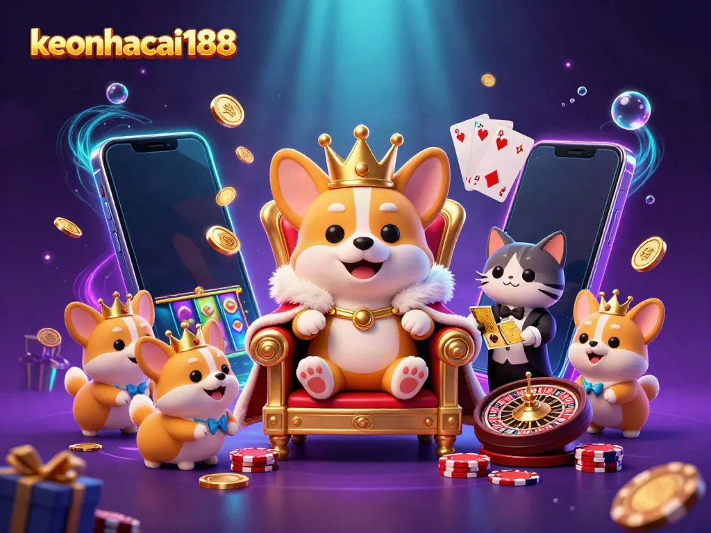Engaging scene showcasing keonhacai188 with a royal corgi and a cat butler amidst dynamic gambling elements.