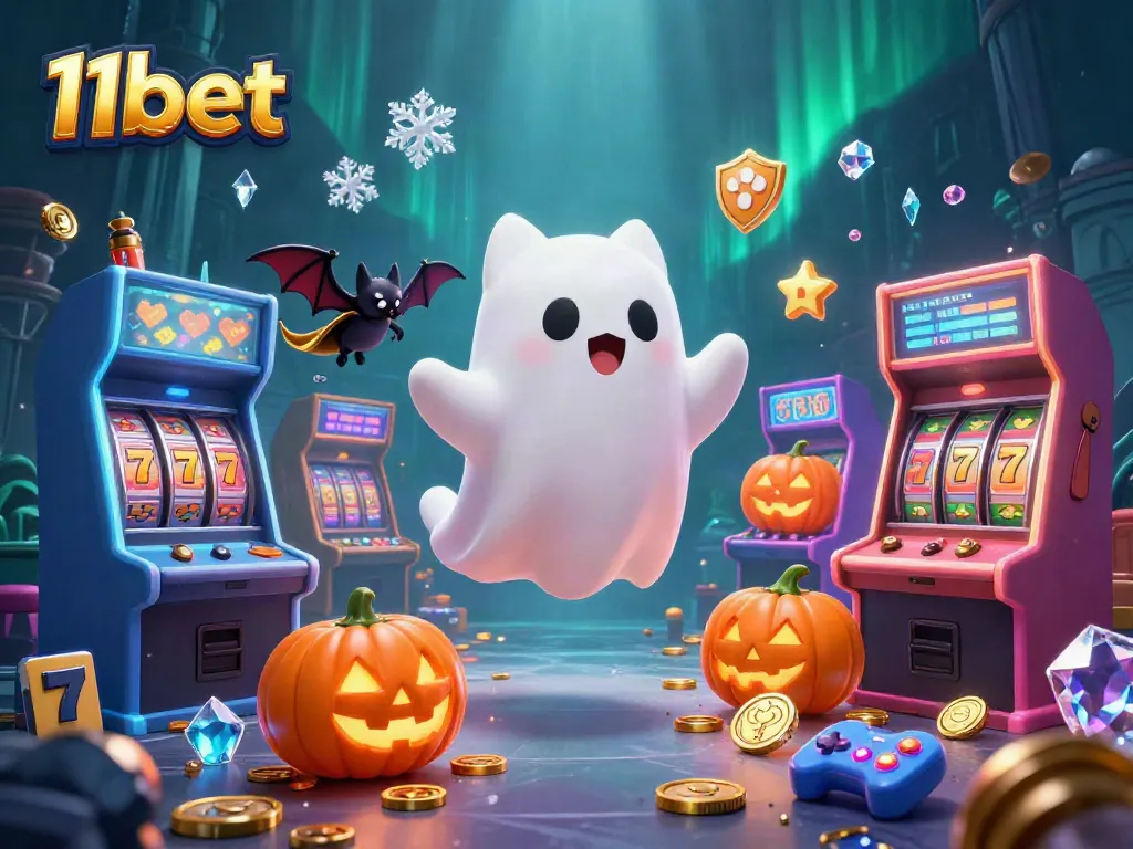 Engage with 11bet's vibrant casino scene featuring a ghost cat, glowing jack-o-lanterns, and arcade games.