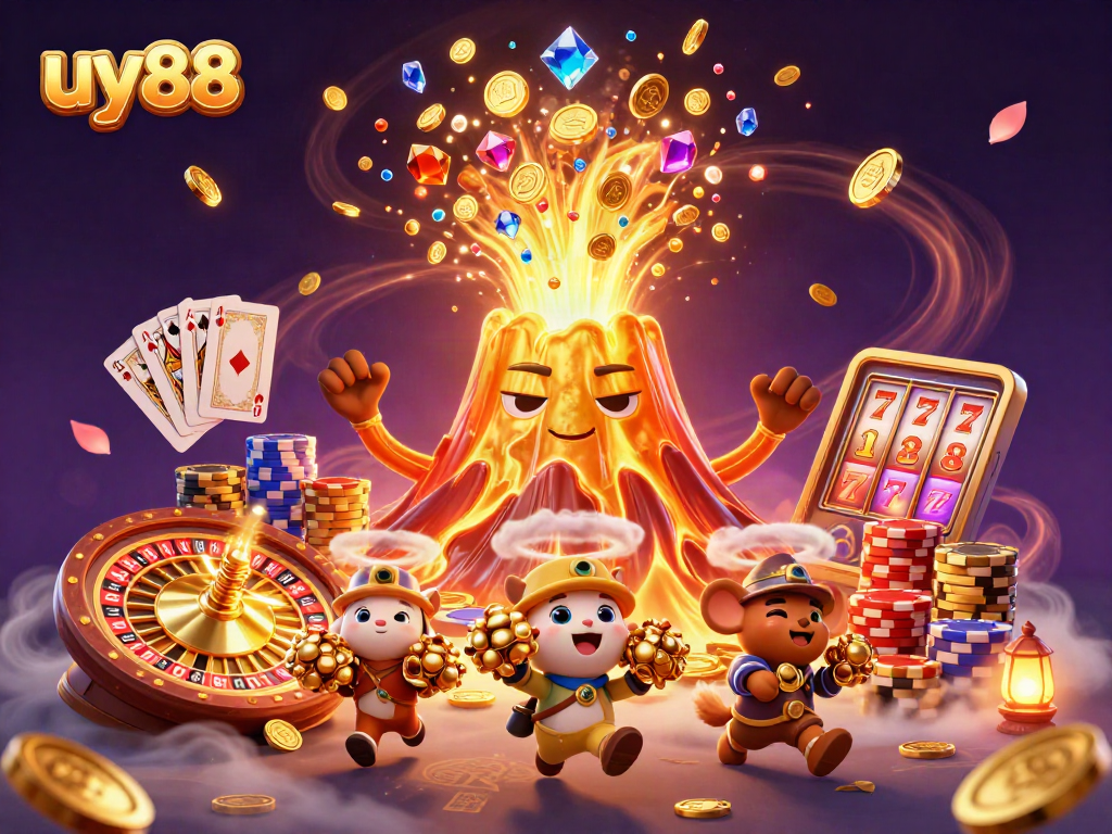 Experience the thrill of uy88 as the golden volcano erupts with treasures amidst dazzling casino elements.