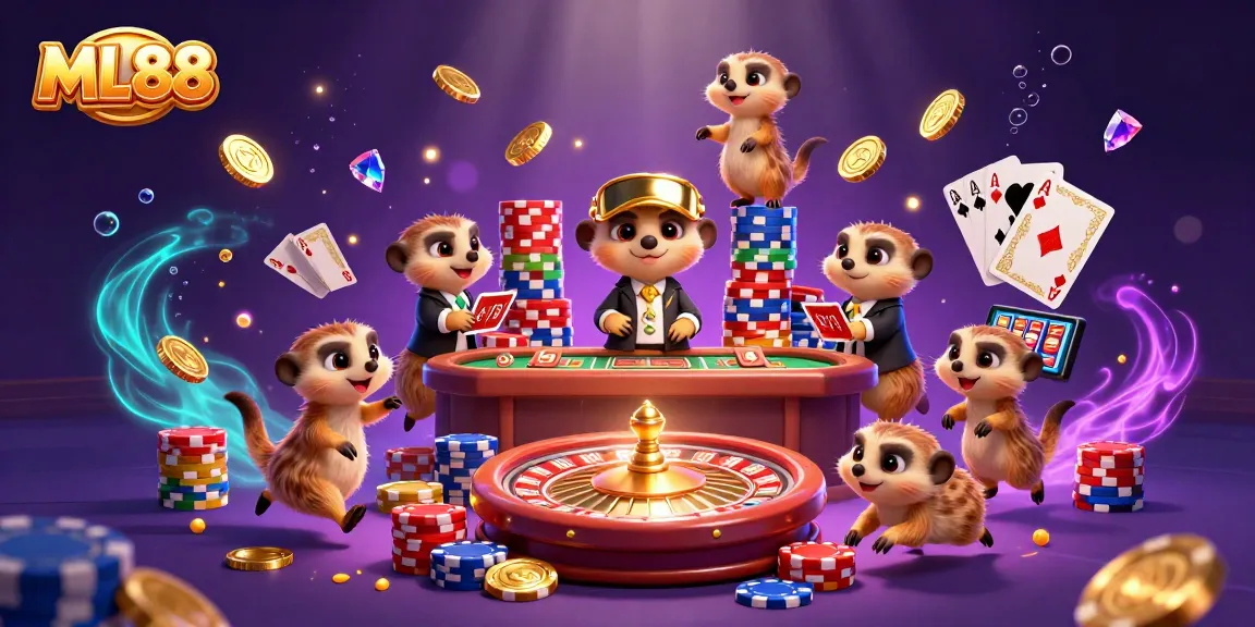 Experience excitement at ML88's casino with meerkats managing tables and throwing chips amidst sparkling coins.