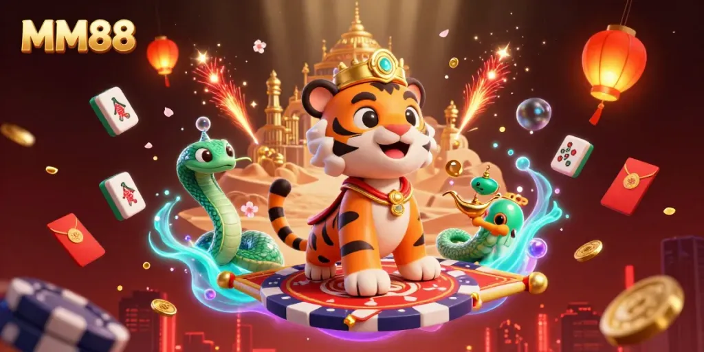 Engage in thrilling gameplay at MM88 with a vivid scene featuring a tiger sultan on a carpet of poker chips.
