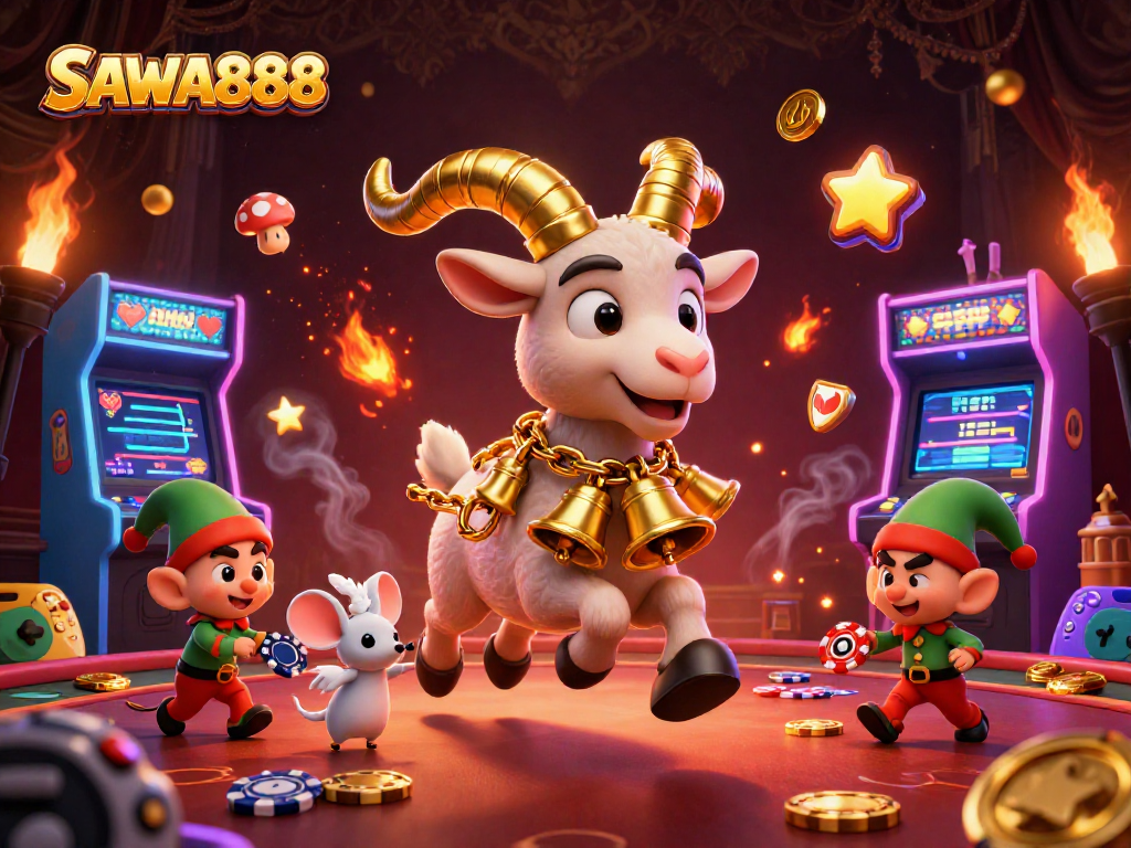 Experience SAWA888's thrilling gaming adventure with a whimsical Krampus goat at the festive casino.