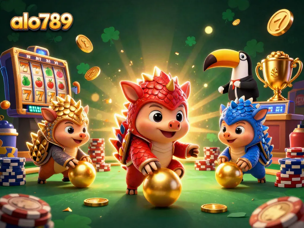 Alo789 features competitive pangolins bowling through poker chips while winning jackpots in a vibrant casino setting.