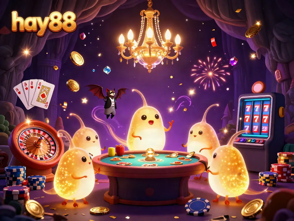 Experience the vibrant glow of hay88’s casino with animated glowworms and a bat dealer bringing excitement.