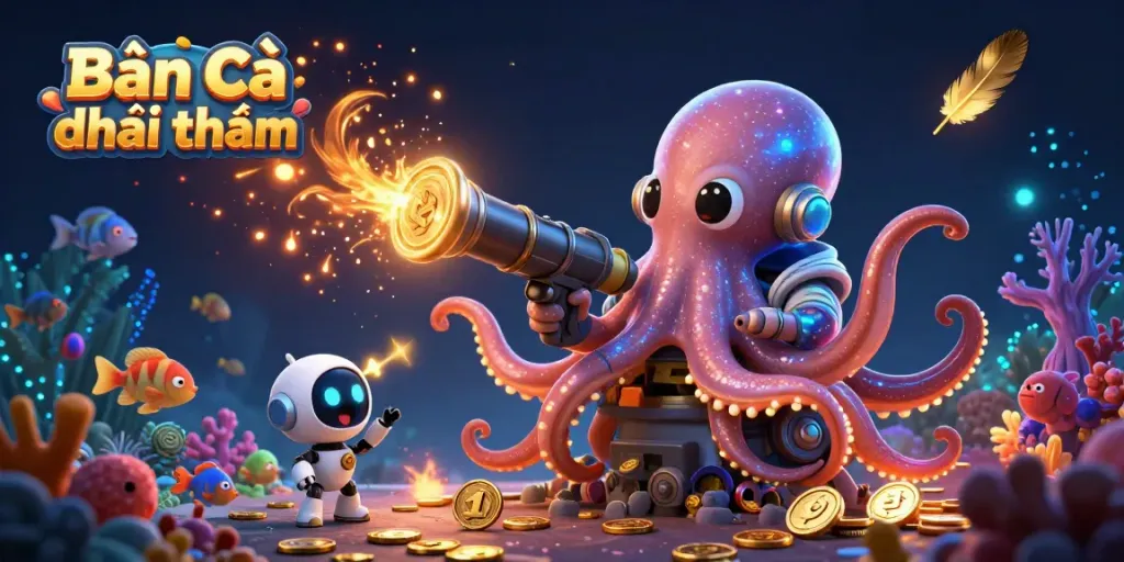Engage in Bắn cá đổi thưởng with a cosmic octopus and robot amidst vibrant underwater action and colorful sea life.