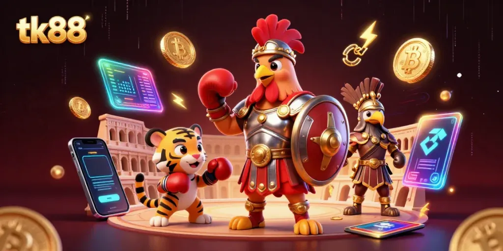 Experience the thrill of tk88 with a dynamic 3D digital casino scene featuring a gladiator rooster and crypto elements.
