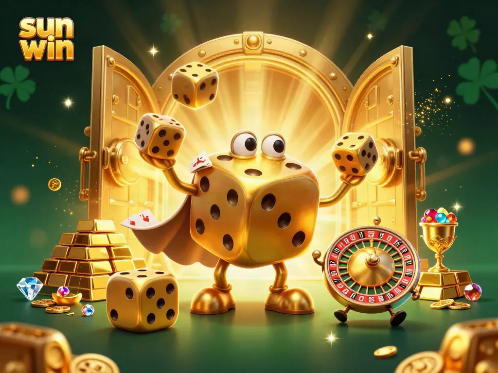 Win big with sun win as a golden dice golem juggles treasures and casino delights.
