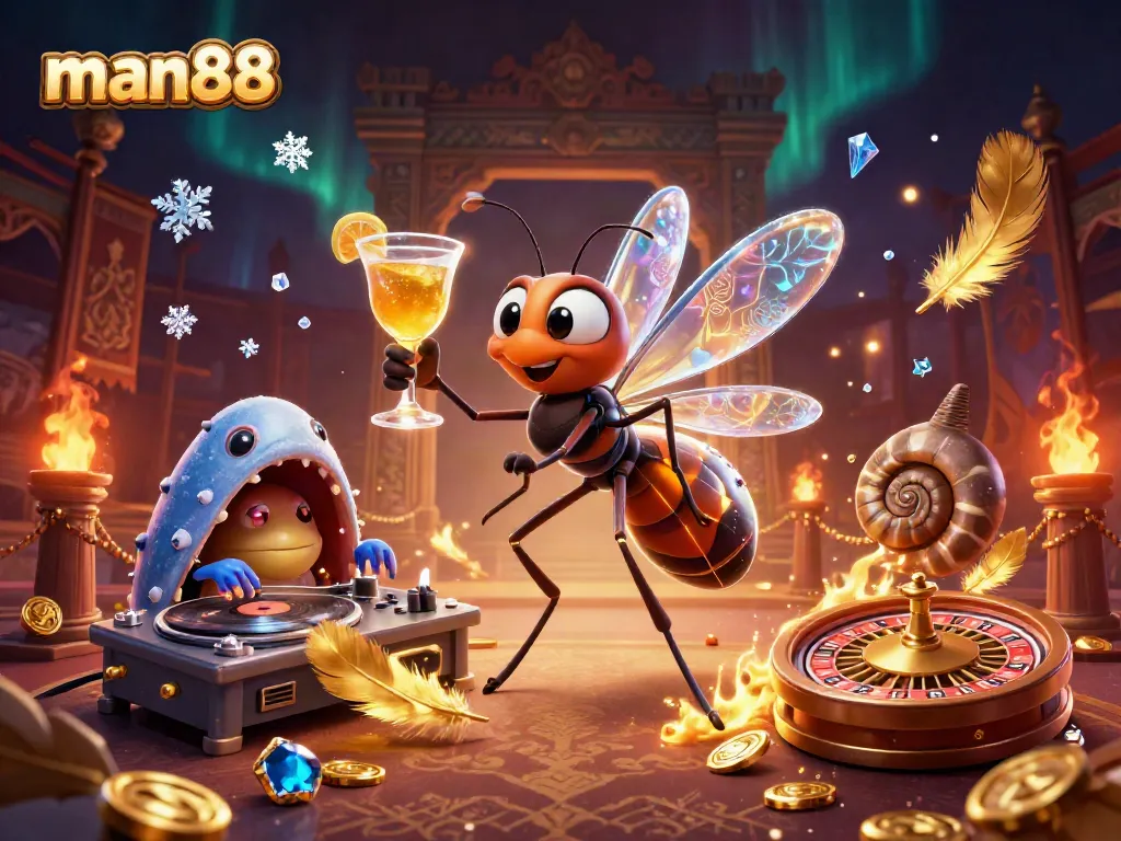 Engage in thrilling gameplay at man88 with a vibrant 3D casino scene featuring unique characters.
