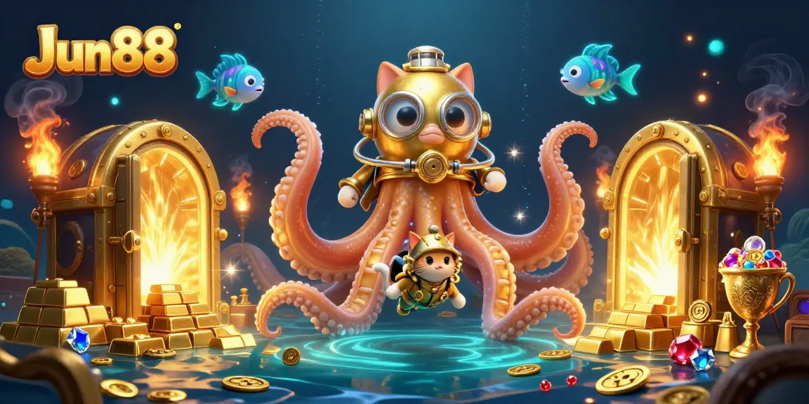 Experience the excitement of Jun88 with treasures and deep-sea characters in a vibrant casino scene.