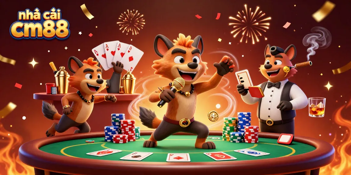 Experience the vibrant atmosphere of nhà cái cm88 with hyenas performing comedy in a dynamic casino scene.