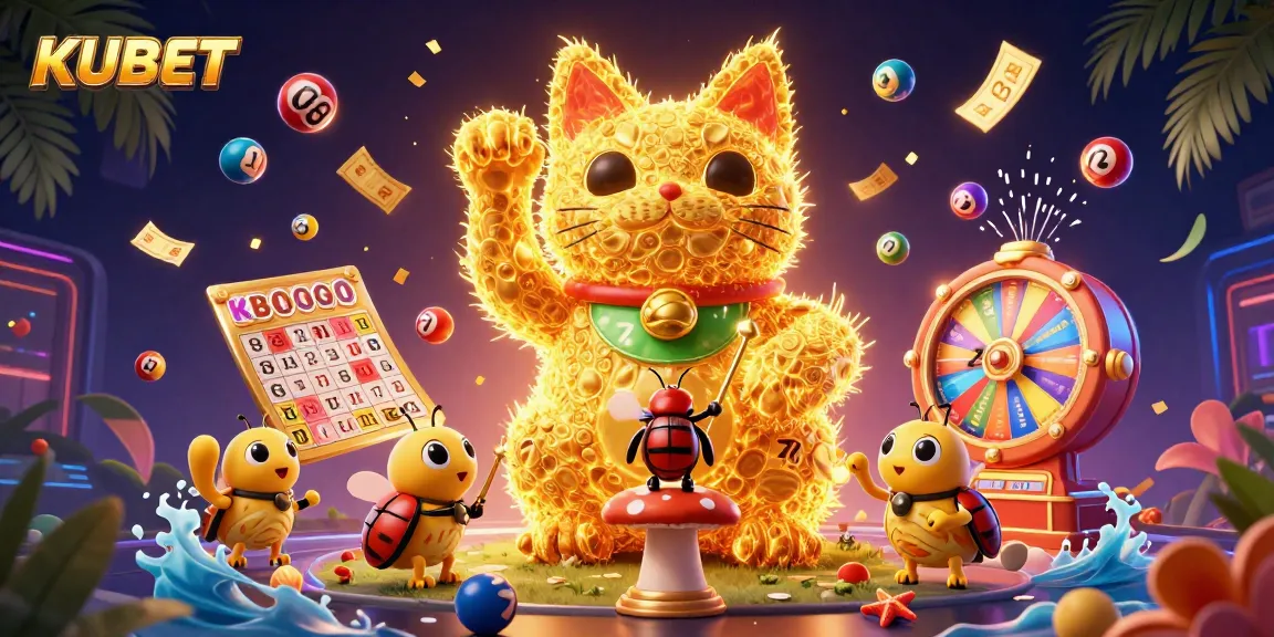 KUBET displays a vibrant and dynamic casino scene with a giant lucky cat and colorful symbols.