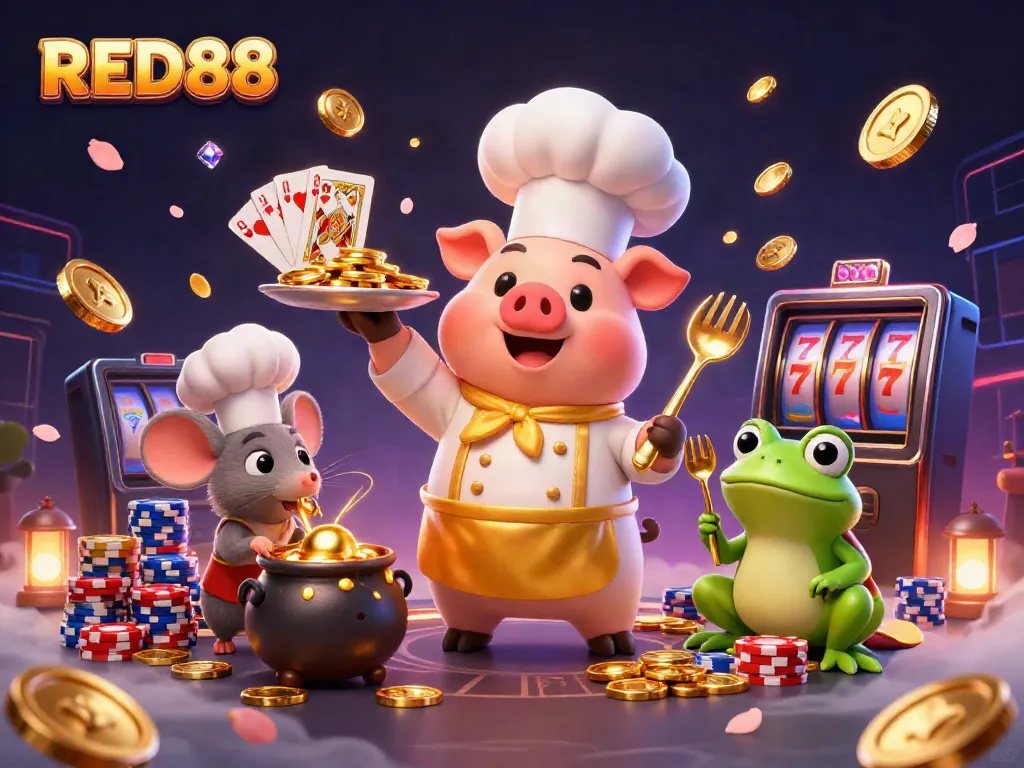 Experience the thrill of gaming at RED88 with an immersive casino scene filled with vibrant characters and golden treasures.