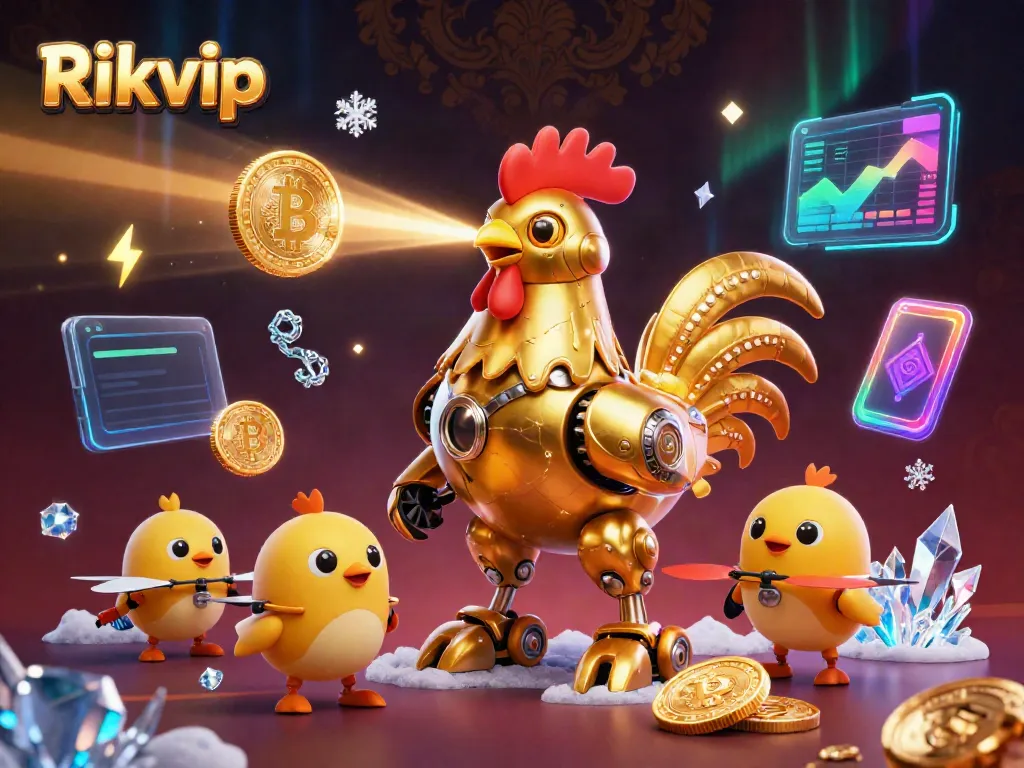 Experience thrilling gaming with Rikvip's golden rooster robot and cryptocurrency elements in a vibrant casino scene.