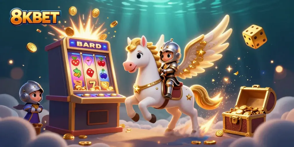 Engage with thrilling 8KBET slots as a celestial armored knight rides a golden-winged horse.