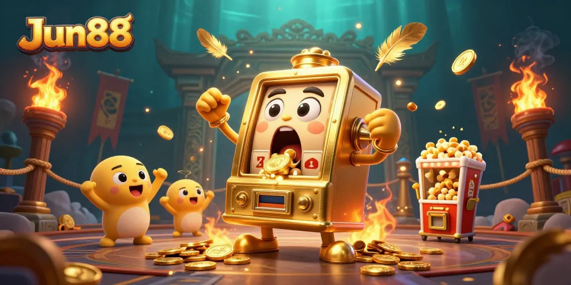Catch exciting jackpots with Jun88's vibrant 3D illustration of winning slot machines.