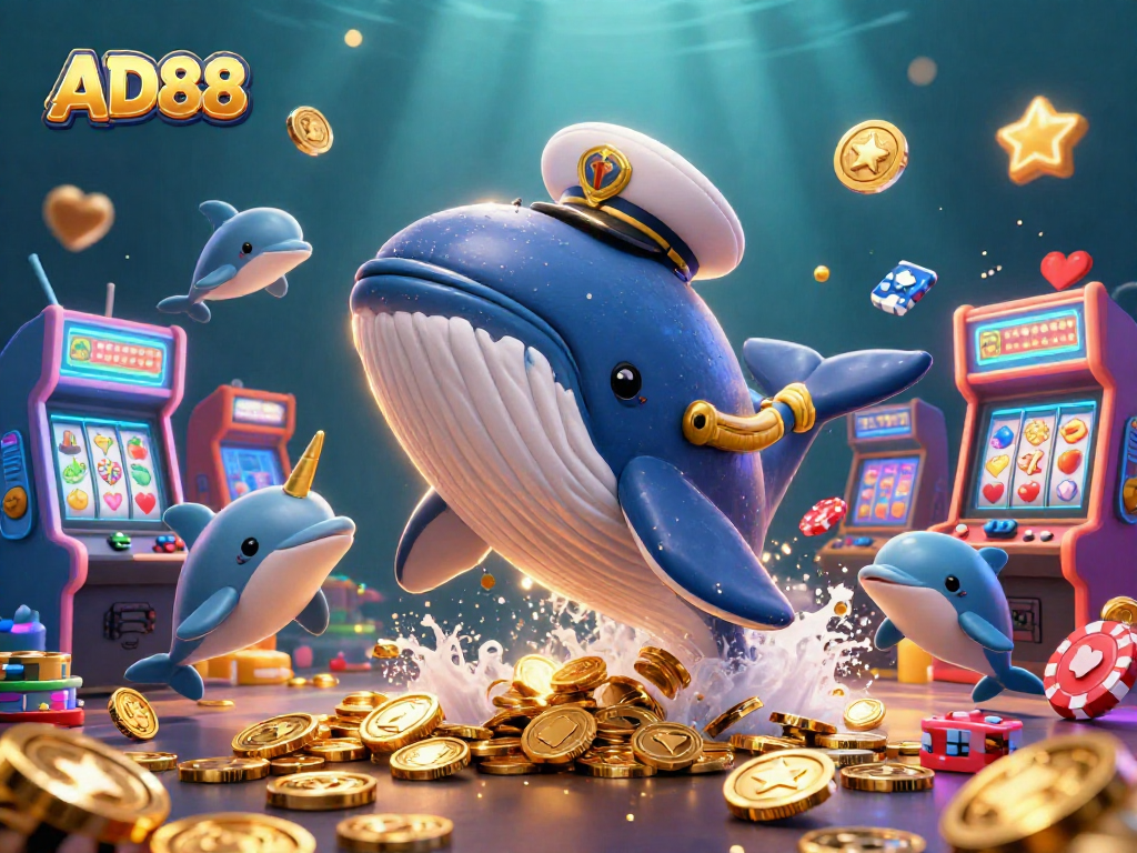 Spin the reels with AD88's fun characters like a whale and dolphins in vibrant casino-themed scene.