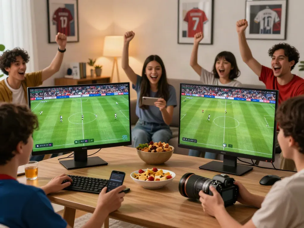 Socolive streaming a live football match with friends in a cozy living room.