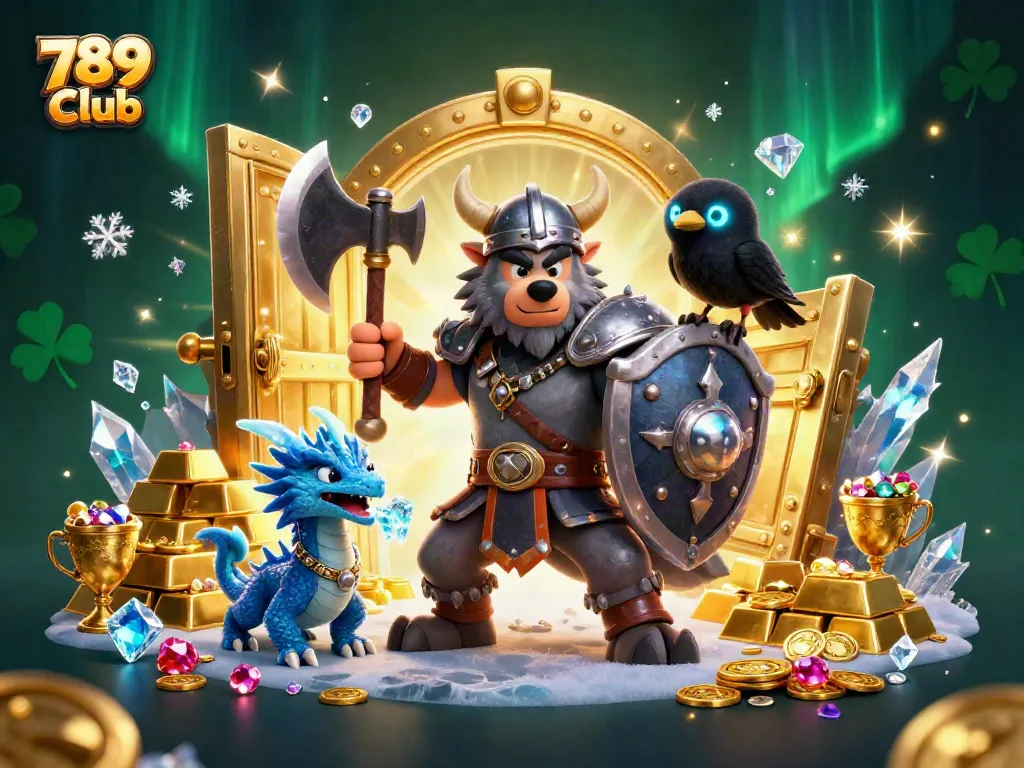 Experience thrilling gameplay at 789 Club with an immersive illustration of a Viking wolf warrior and dragon amidst treasure.