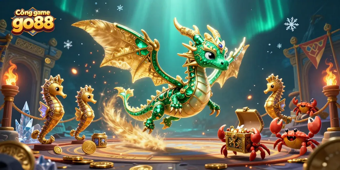 Cổng game go88 showcases an enchanting underwater casino scene with an emerald sea dragon and treasures.