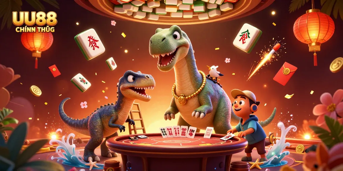 Experience thrilling action at UU88 CHÍNH THỨC with a vibrant casino scene featuring a towering brontosaurus and dynamic game elements.