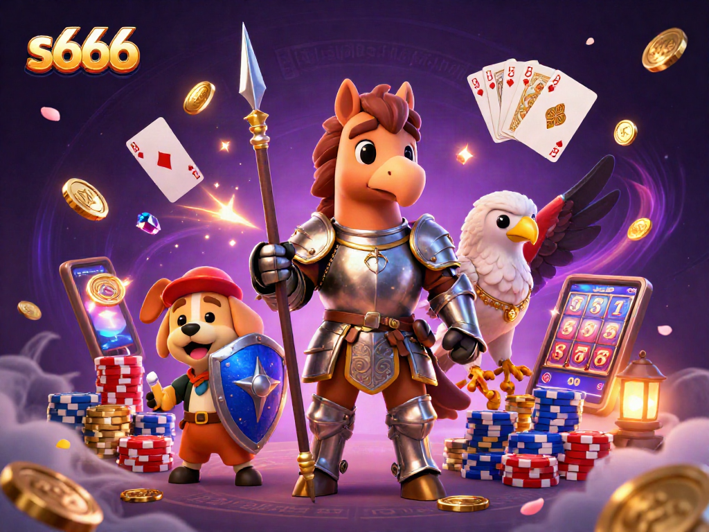 Experience the s666 casino excitement with a knight, squire, and falcon amidst vibrant gaming action.