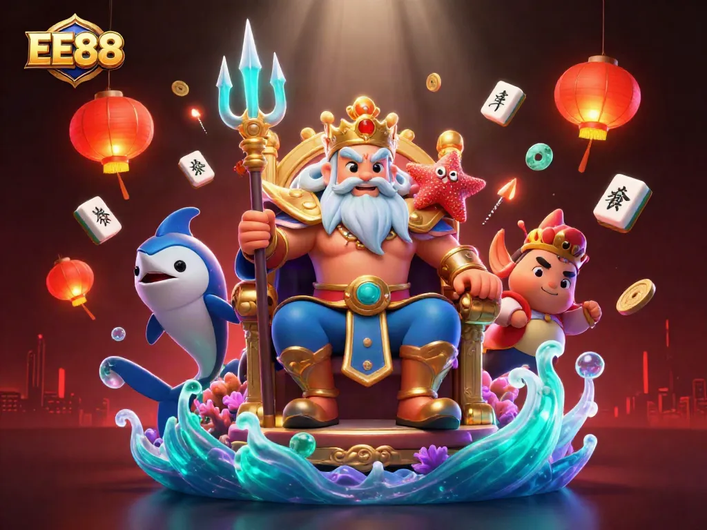 Engage in the excitement of EE88 with a vibrant casino scene featuring Neptune and samurai elements.